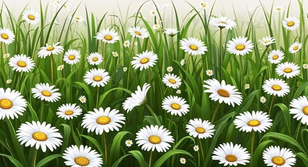 Fototapeta premium Field of daisies illustration with white petals and green grasses