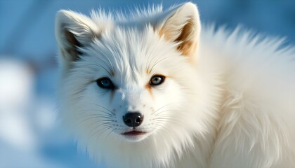 Naklejka premium Snowy white arctic fox with soft fur and watchful eyes highlighted in a close-up portrait