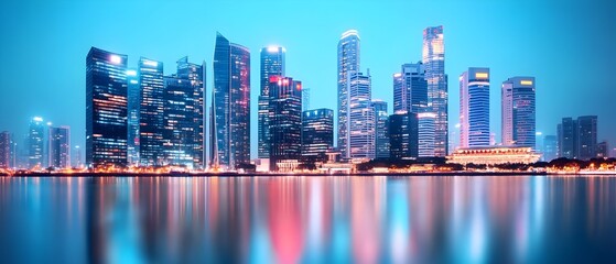 Fototapeta premium Captivating cityscape of illuminated skyscrapers and waterfront reflections in shades of blue and white showcasing the modern futuristic and dynamic urban landscape at night