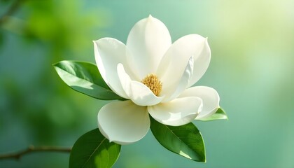 Fototapeta premium Close-up of white magnolia flower with green leaves on blurred green background