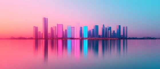 Fototapeta premium Captivating cityscape of towering skyscrapers casting colorful reflections on the still surface of a peaceful river creating a mesmerizing and harmonious night scene