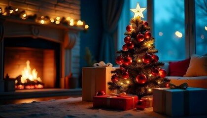 Christmas tree with red gold ornaments golden star surrounded by wrapped gifts in warm living room