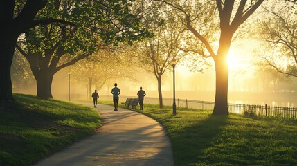 Fototapeta premium Family walking on a peaceful park path during a beautiful sunrise.