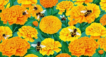 Golden marigold patch illustration with bees buzzing and bright colors