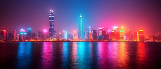 Fototapeta premium Breathtaking night view of a modern city skyline with towering skyscrapers each floor illuminated with vibrant lights creating an impressive