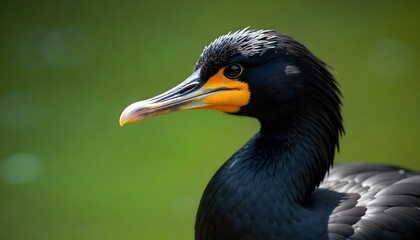 Fototapeta premium Close-up portrait of black orange beak and glossy feathers against a soft green blurred background,