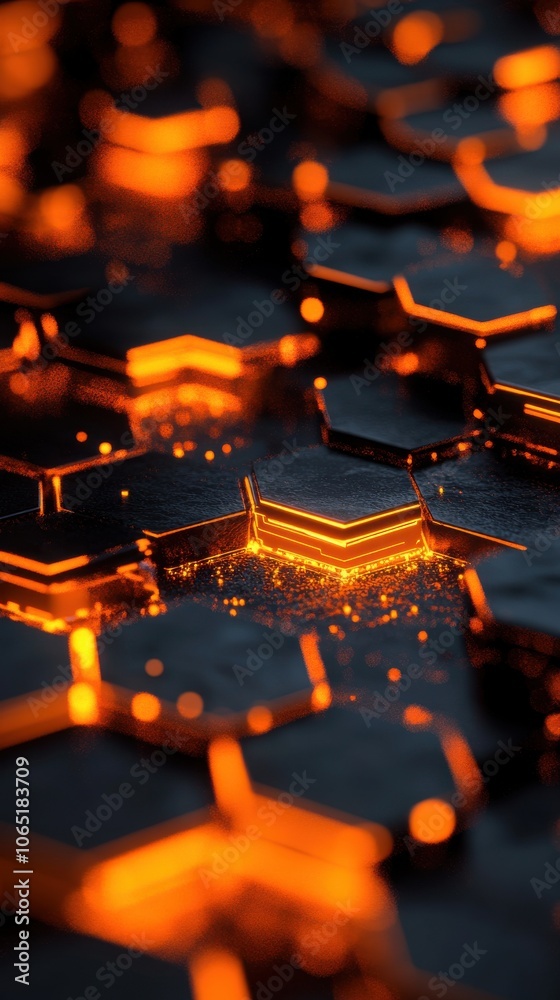 Poster abstract hexagonal background with glowing orange lines and dark texture, creating a futuristic and 