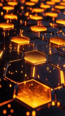Obraz premium Abstract geometric pattern with glowing orange hexagons on a dark background, creating a modern and energetic vibe.