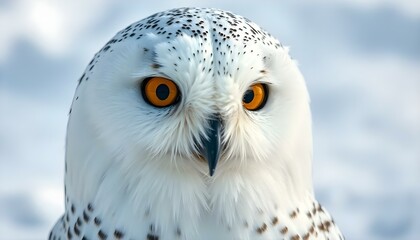 Obraz premium Close-up of female snowy owl with bright yellow eyes set against a serene snowy scene