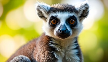 Obraz premium Close-up portrait of ring-tailed lemur featuring large eyes and playful demeanor with ringed tail