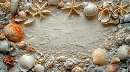Obraz premium A small milky white sandy beach surrounded by colorful transparent stones, beautiful shells, starfish, and seashells, with a blank space in the middle, taken from a bird's-eye view angle
