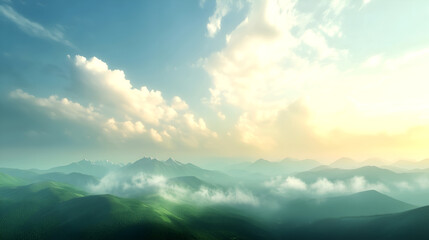 Obraz premium Expansive mountain landscape with misty valleys and soft sunlight illuminating rolling hills and clouds