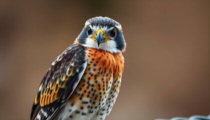 Female American kestrel with bold feathers and intense gaze perched on a wire