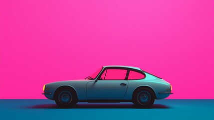 A white vintage car in a bright pink and blue studio setting, a classic car in a modern setting.