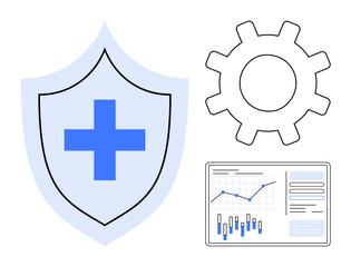 Obraz premium Shield with blue cross, gear symbol, and data analytics interface with charts and graphs. Ideal for cybersecurity, healthcare, IT management, process optimization, data analysis, technology
