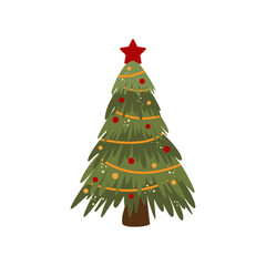 Festive New Year tree.Decorated with Christmas balls.Vector illustration isolated on a white background.
