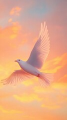 Fototapeta premium A silhouetted figure stands in a tranquil landscape as a bird soars against a vibrant sunset sky.