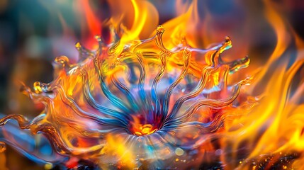 Obraz premium A heated glass sculpture in the process of creation, vivid flames surrounding it, casting dynamic colors that blend together in mesmerizing patterns