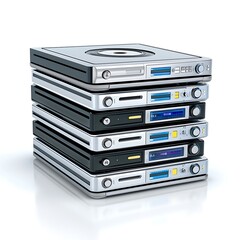 Obraz premium Isolated Stack of DVD Players on White Background