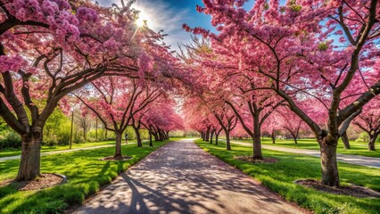 Obraz premium Empty Spring Trail, Pink Crabapple Blossoms, Rainey Park Astoria Queens