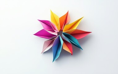 Fototapeta premium Paper star created from folded geometric shapes, colorful minimal holiday decor on white 