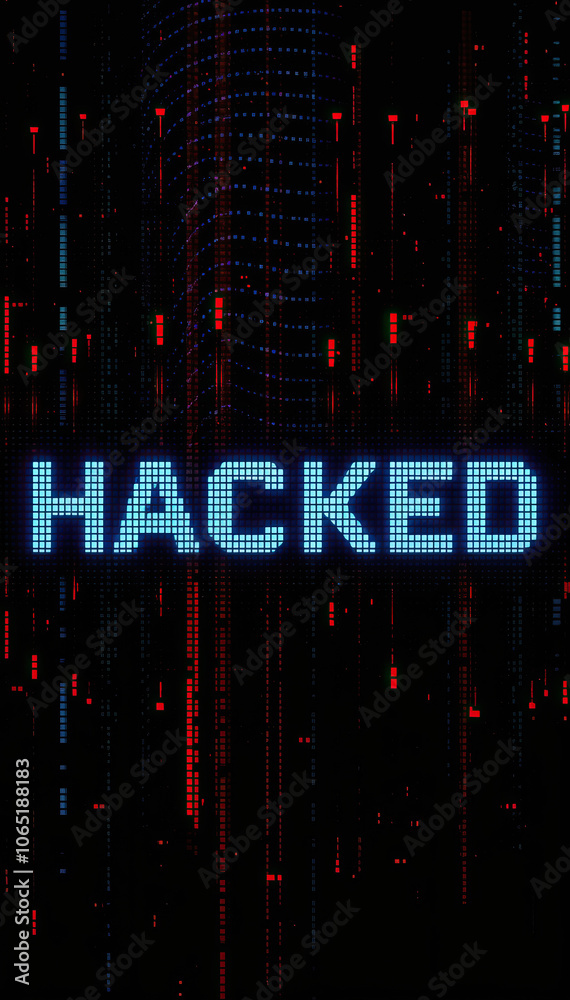 Poster glowing text hacked in blue futuristic concept of cybersecurity threat hacking vertical format