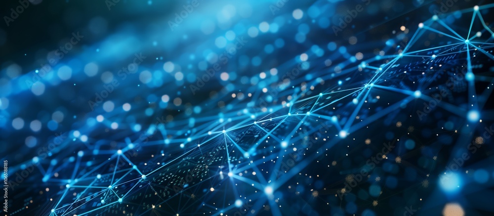 Poster in the abstract image, a digital network is illustrated with interconnected blue lines and dots on a