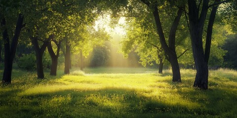 Obraz premium A serene forest scene with sunlight streaming through trees unto lush green grass.