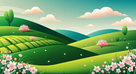Obraz premium Springtime hills illustration with green fields blossoms and soft clouds