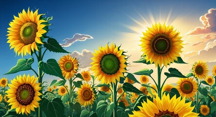 Obraz premium Sunflower field illustration with tall bright flowers under blue skies