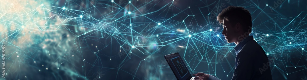 Poster A man works on a laptop amidst a visually striking representation of complex network connections, symbolizing futuristic technology and digital innovation in the realm of IT and computing