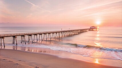 Fototapeta premium Breathtaking Sunrise at Kure Beach Pier with Bokeh Effect, Scenic Coastal Views, Vibrant Colors, and Tranquil Atmosphere Captured in North Carolina's Serene Landscape