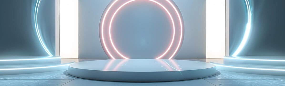 Podium background 3D light tech stage future platform game abstract. Podium 3D background technology room product circle glow effect portal stand studio scene white design ring modern display space. 