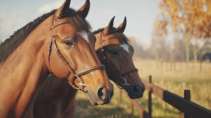 Obraz premium Two Brown Horses with Bridles in a Field