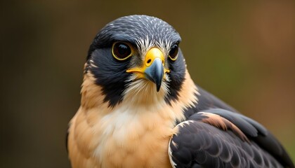 Fototapeta premium close-up portrait of a falcon with striking yellow eyes, feathers against a blurred brown background
