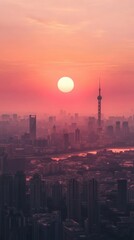 Naklejka premium A tranquil sunset view over a cityscape, with soaring birds and a traditional pagoda silhouetted against vibrant skies.