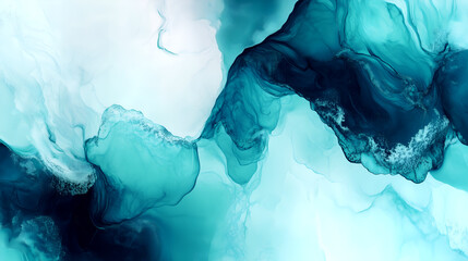 Abstract fluid art in shades of teal and turquoise with soft flowing patterns and organic shapes