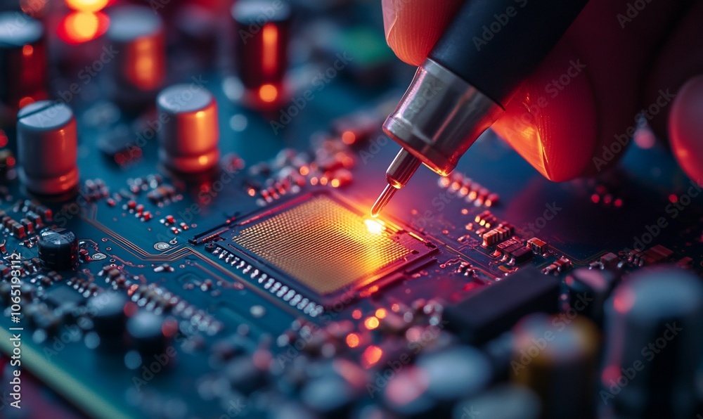 Poster Close-up of a hand using a soldering iron to repair a circuit board with a glowing microchip.