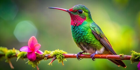 Fototapeta premium Hummingbird on Branch, Green Pink, Red Throat, Vibrant, Food Photography
