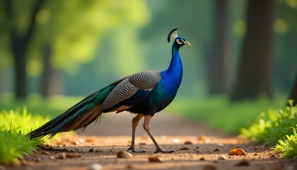 Fototapeta premium Candid male Indian Peafowl walking in a park, showcasing colorful plumage against earthy tones.