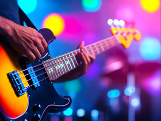 Obraz premium Electric Bass Guitar Performance at Colorful Event