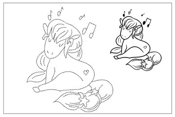 Cute little pony listening to music, illustration for children, for tracing and coloring, for the development of preschool children