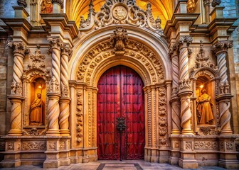 Fototapeta premium Intricate details adorn the grand church entrance.