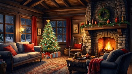 Cozy Winter Cabin with Christmas Tree and Fireplace