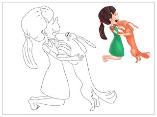 A girl met her friend, a pet, a girl and a dog, a game for the development of preschool children, illustration for tracing, for coloring