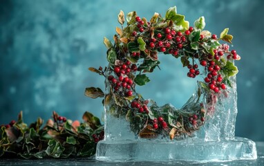 Obraz premium Winter Wreath in Ice Miniature wreath with berries and greenery frozen in an ice block, with a dusk blue background for a moody, festive vibe 