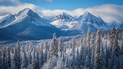 A snow-covered forest with towering, snow-capped mountains in the distance, a bright blue sky, and white clouds above.