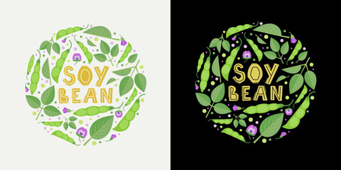 Vector drawing of soybean in a circle. Isolated flower and leaves, bean.