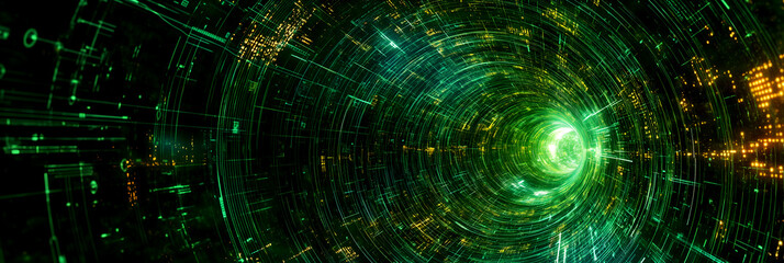 Obraz premium Futuristic green digital tunnel with glowing light center representing virtual reality and technology concept