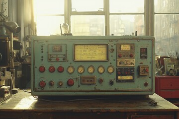 Obraz premium Vintage Industrial Control Panel with Gauges and Buttons